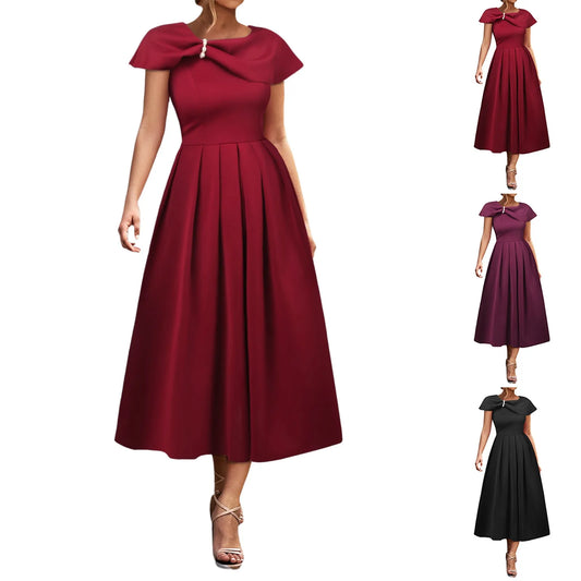 Elegant Dress Asymmetrical Shoulder Strap Slim High Waist Pleated Solid Color Women's Dress 2024 Spring New Fashion Dresses